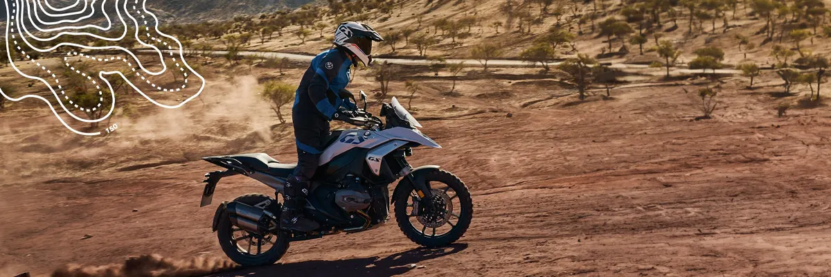 A BMW Motorcycle riding in a desert in Southern California.